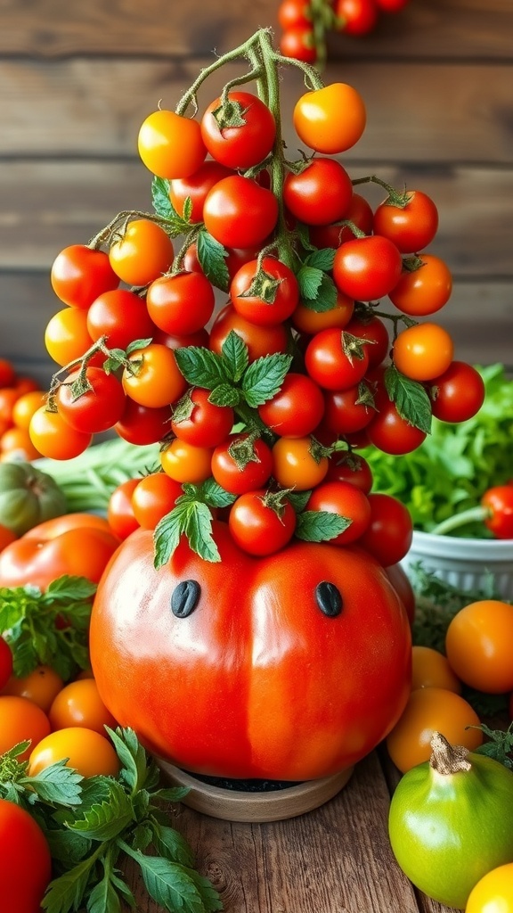 A creative tomato headdress with a large tomato base and cherry tomatoes, garnished with herbs, on a rustic table.